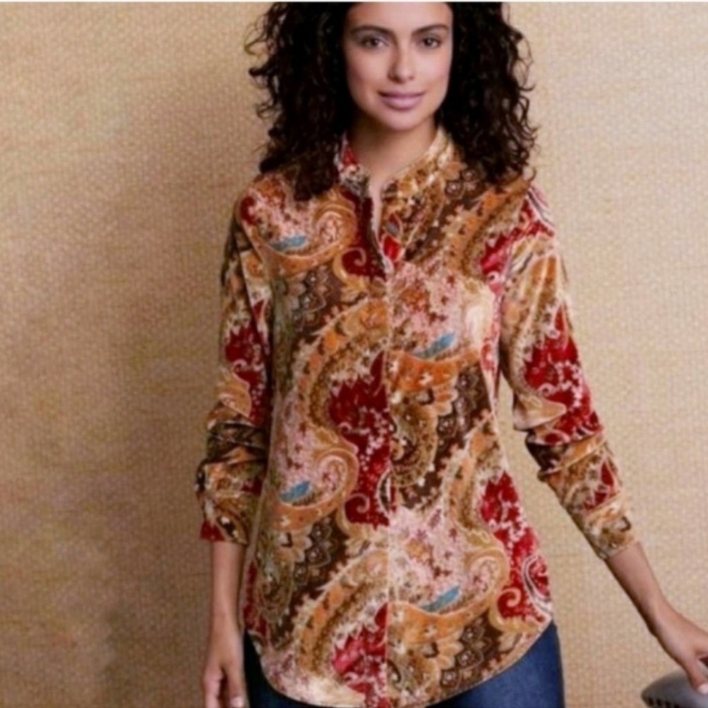 Soft Surroundings Montaigne Paisley Velvet Button Front Blouse Shirt XL Boho - Picture 3 of 10